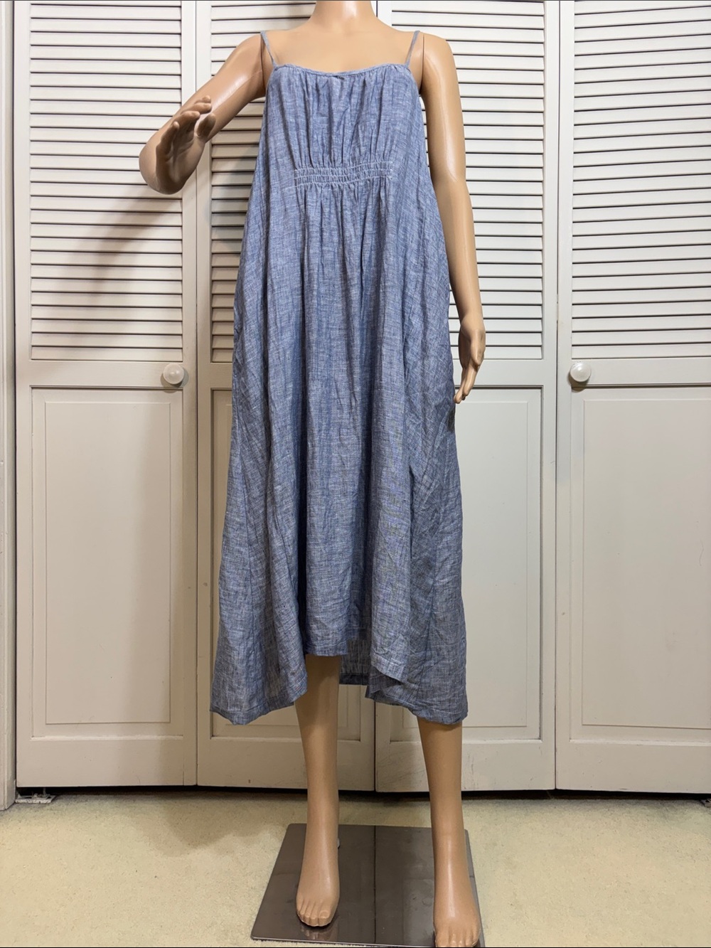 CP Shades Blue 100% Linen Midi Dress with Adjustable Straps Small